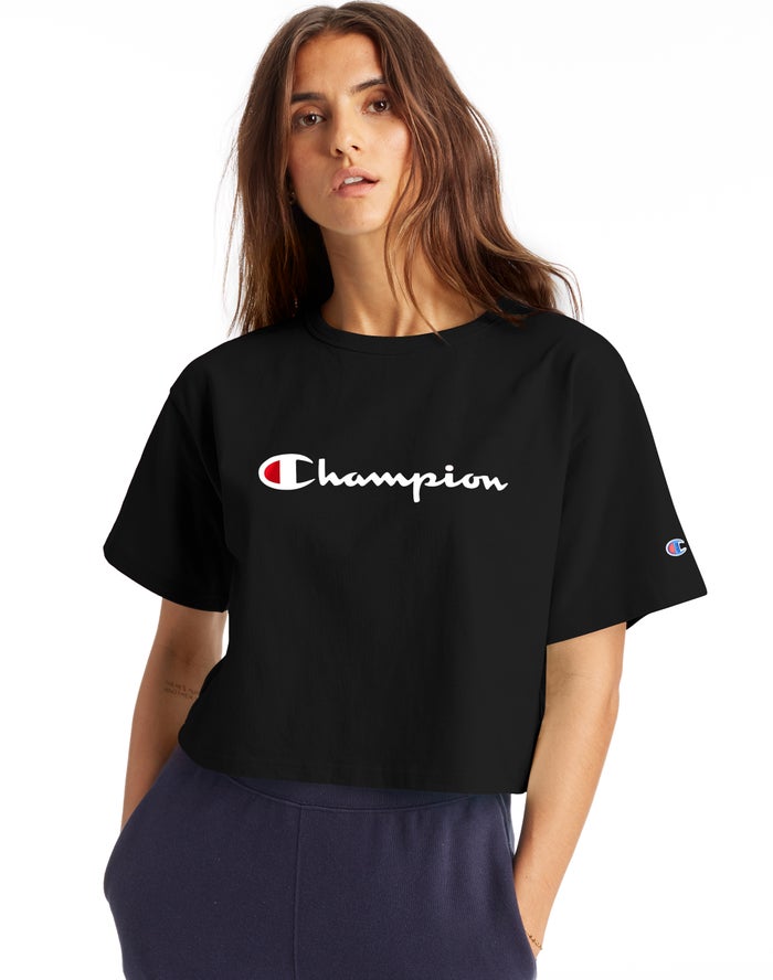 Champion Heritage Cropped Script Logo Kadın Tişört Siyah ( LYBPWN207 )